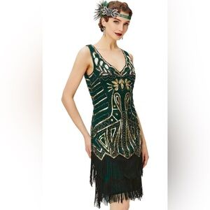 Emerald Green Beaded Fringe Flapper Mini Dress